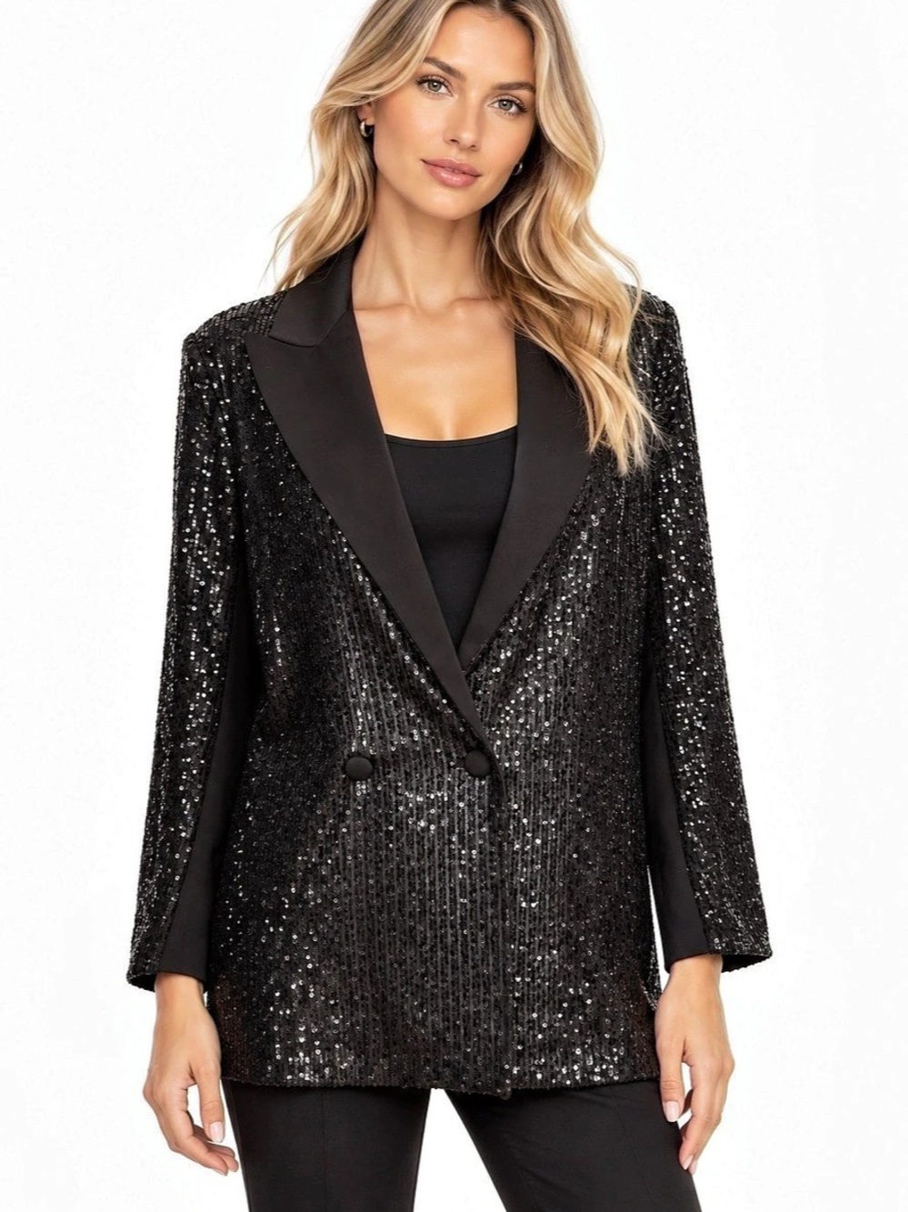 ASTRID Black Sequin Double Breasted Tuxedo Blazer Small Made in Italy